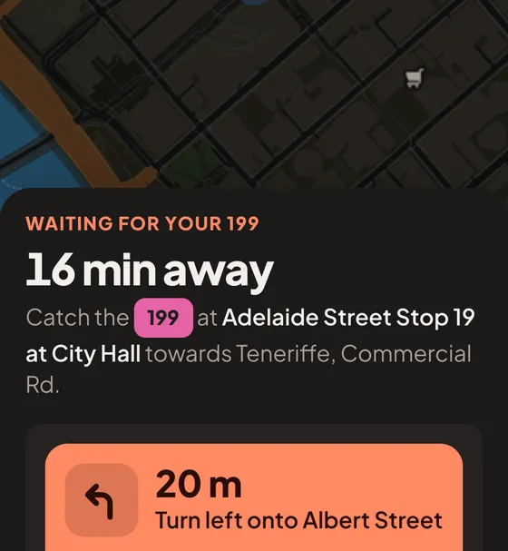 A live trip: waiting for your 199, 16 min away, with walking directions to the stop.